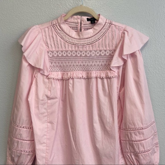 New J. Crew Crocheted Lace Flutter Sleeve Mock Neck Pink Top Medium - Picture 6 of 16